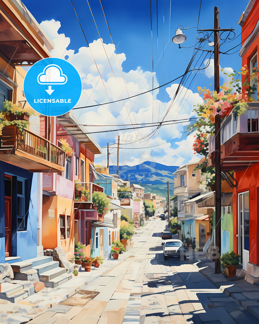 Vlorë, Albania - A Watercolor Painting Of A Street With Buildings And A Bell Tower