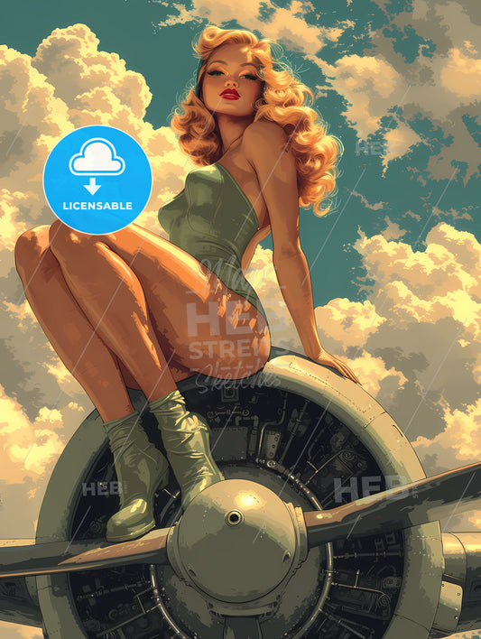 Pinup Style Attractive Military Young Woman Riding A Bomb - A Beach With Waves And Blue Sky