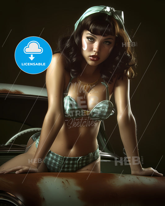 The Vintage Pin Up Girl Leaning On A Car - A Landscape With A Road And Houses By The Water
