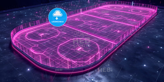 Neon Hockey Rink Perspective Angle View, Virtual Sportive Game Playground - A Man Holding A Camera