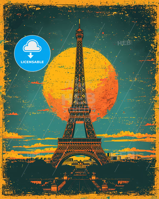 A Travel Poster Of The Eiffel Tower - A Red Van In A Desert With Cacti And Mountains In The Background