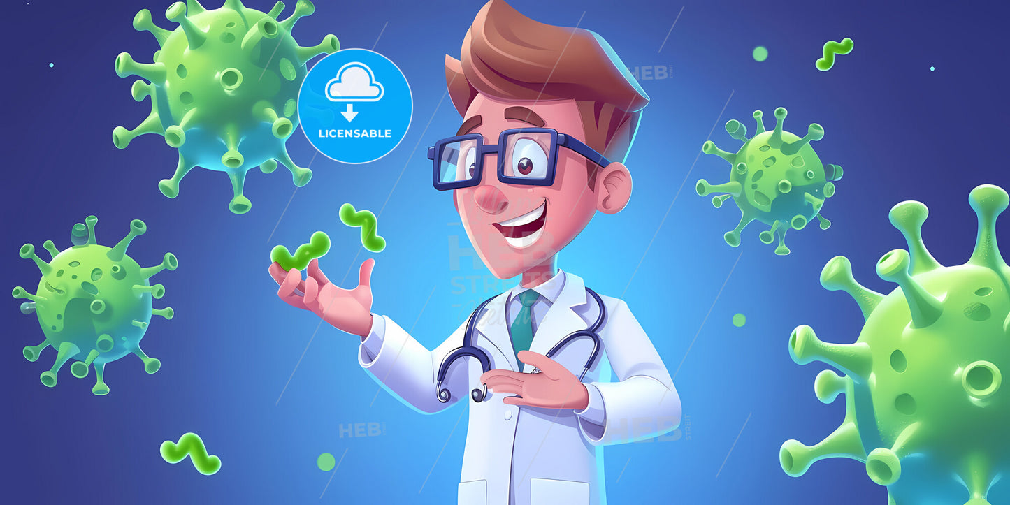 Cute Cartoon Character Doctor Wears Glasses And Shows Green Viruses And Bacterias - A Table With Fruits On It
