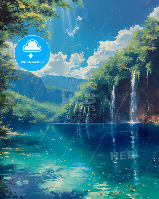 Lake Plitvica, Croatia - A Painting Of A Street With Colorful Buildings