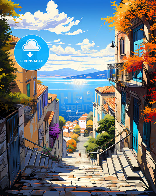 Rijeka, Croatia - A Painting Of A Vineyard With A Building And A Tower