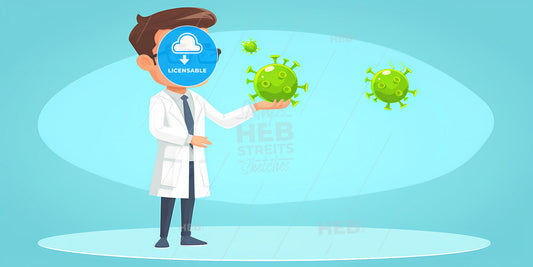 Cute Cartoon Character Doctor Wears Glasses And Shows Green Viruses And Bacterias - A Balcony With A View Of A City And A Sea