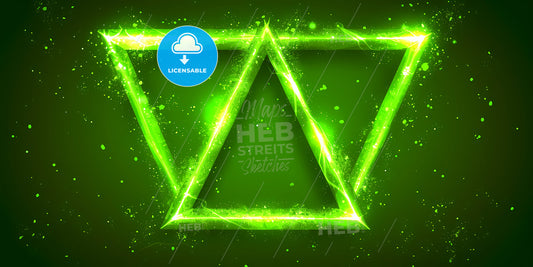 Abstract Green Neon Background With Triangular Shape, Laser Rays And Glowing Lines - A Woman With Freckles And Freckles