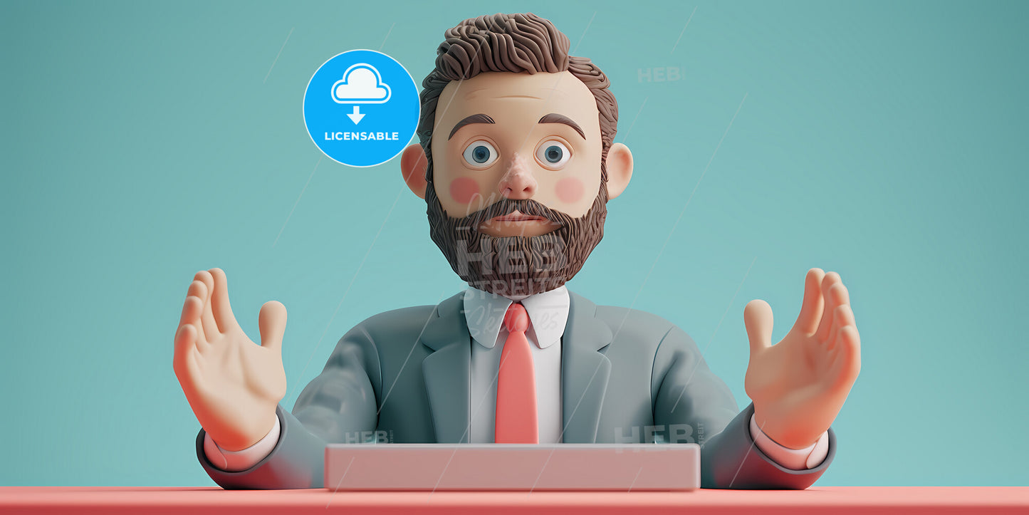 Cartoon Character Businessman Hands Sticking Out The Laptop Screen - A Painting Of A Mountain Lake