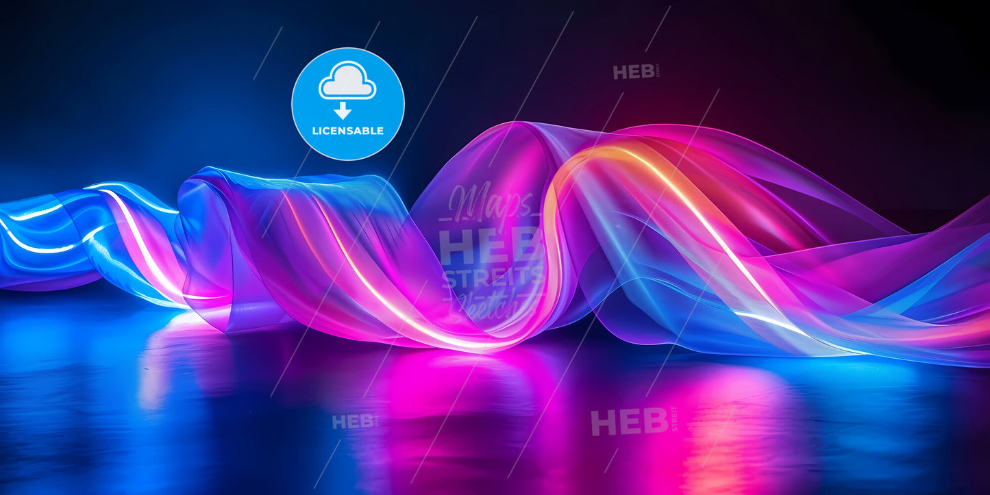 Abstract Neon Background, Pink Blue Light, Glowing Wavy Lines, Modern Fashion Ribbon Concept, Loops And Curves - A Landscape Of A Lake With A Boat And Trees And Mountains