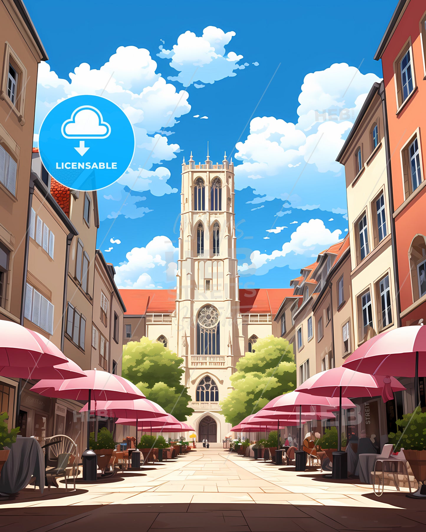 Tours, France - A Painting Of A City With A Lake And A Body Of Water