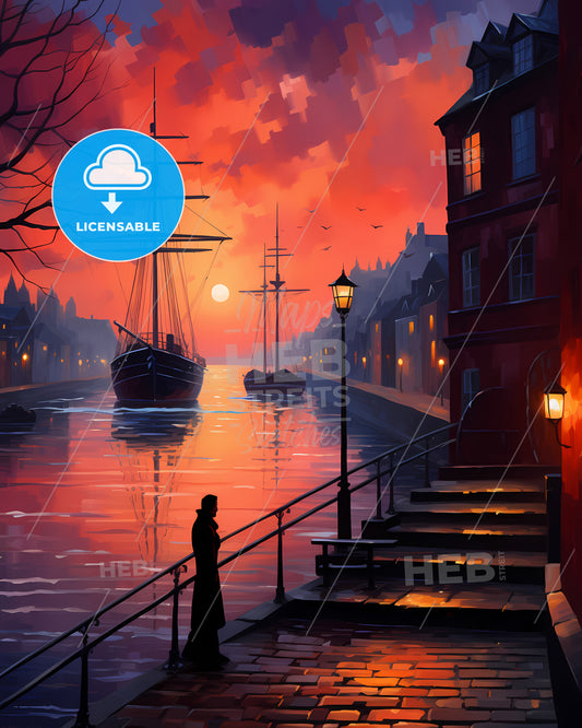 Le Havre, France - A Painting Of A Street With Buildings And People