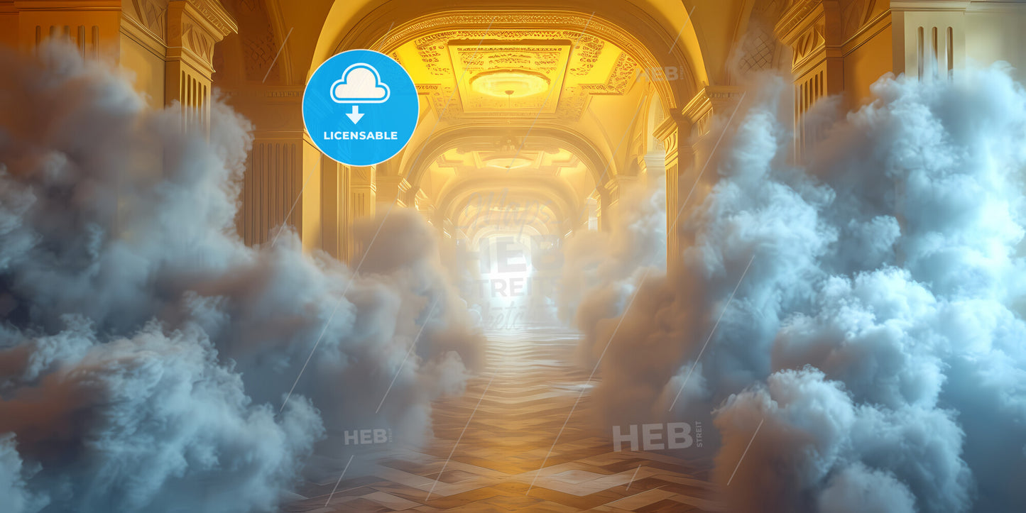 Abstract Minimal Background, White Clouds Flying Out The Blue Tunnel Inside The Yellow Room - A Street With A Tower In The Background