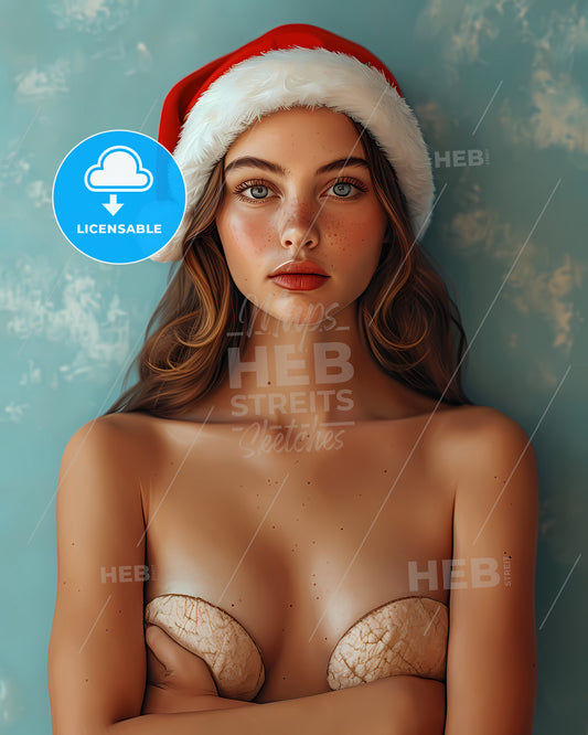 Woman Wearing Santa Hat - A Lake Surrounded By Mountains