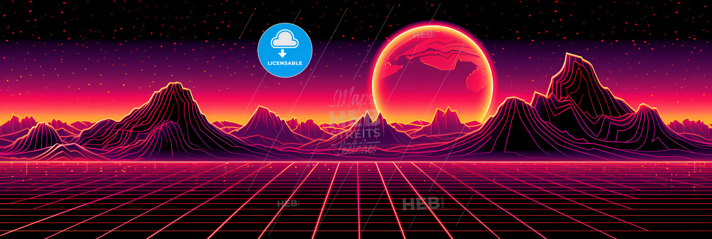 Abstract Panoramic Neon Background - A Landscape With A Sunset And A Grid