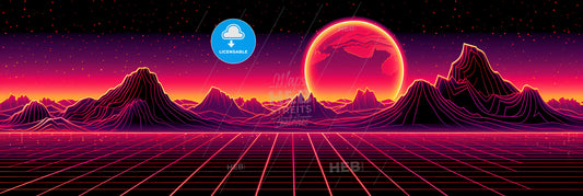 Abstract Panoramic Neon Background - A Landscape With A Sunset And A Grid