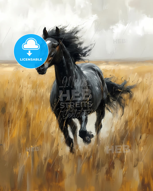 A Vintage Painting Featuring A Wild Black Horse - A Horse Running Through A Field