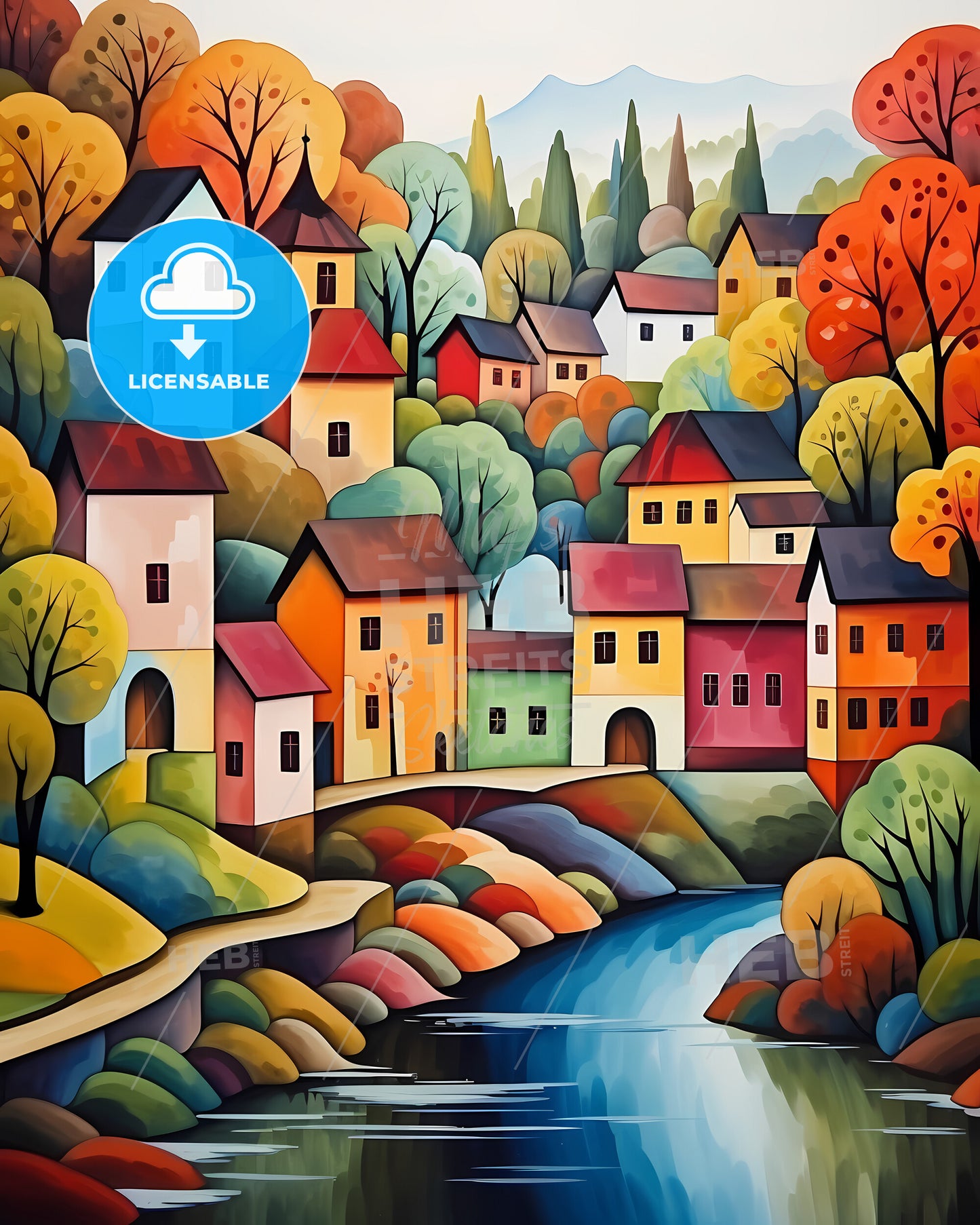 Basel, Switzerland - A Painting Of A Colorful Town By A River