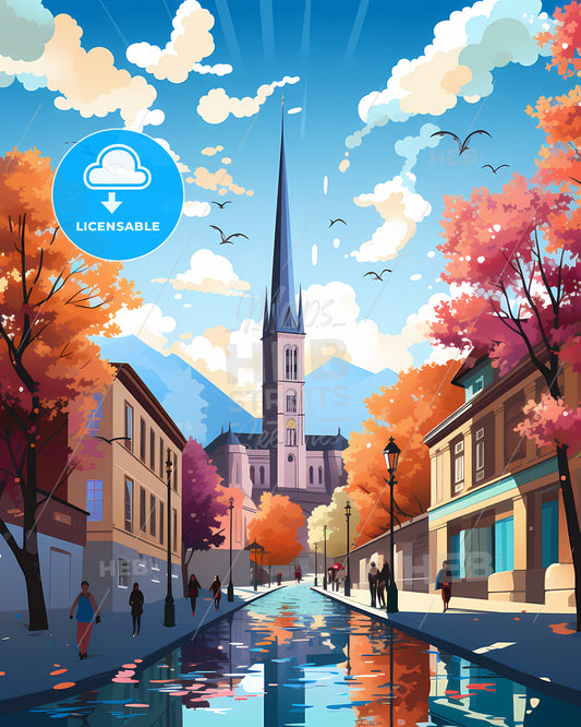 Zagreb, Croatia - A Street With A Church And Trees