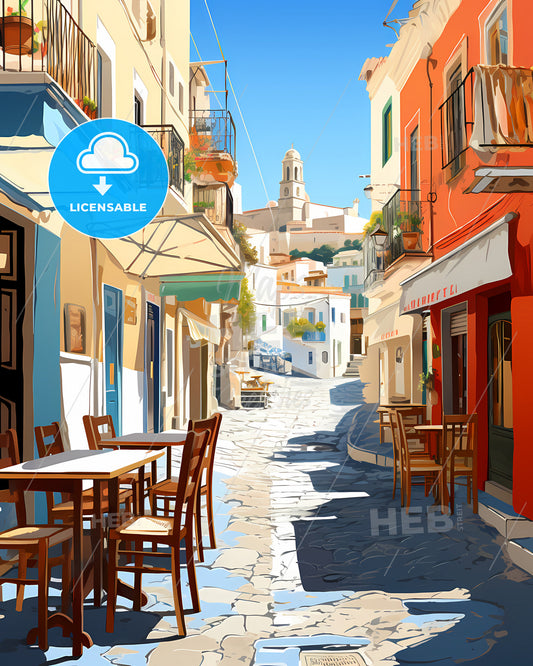 Larissa, Greece - A Street With Tables And Chairs In A Small Town
