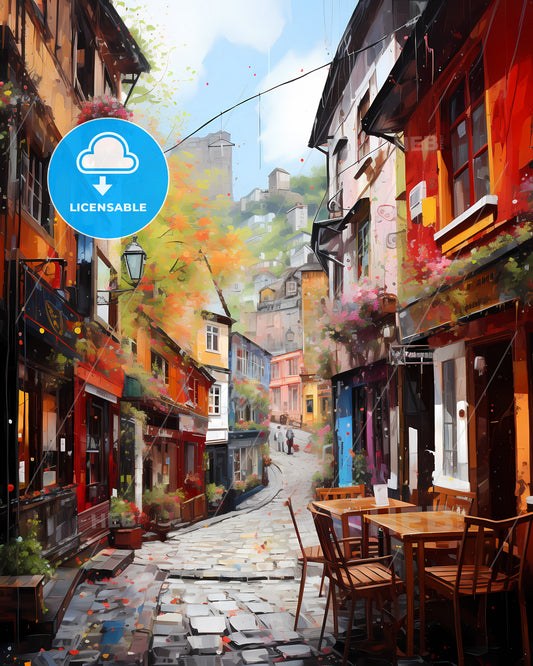 Trondheim, Norway - A Street With Tables And Chairs In A City