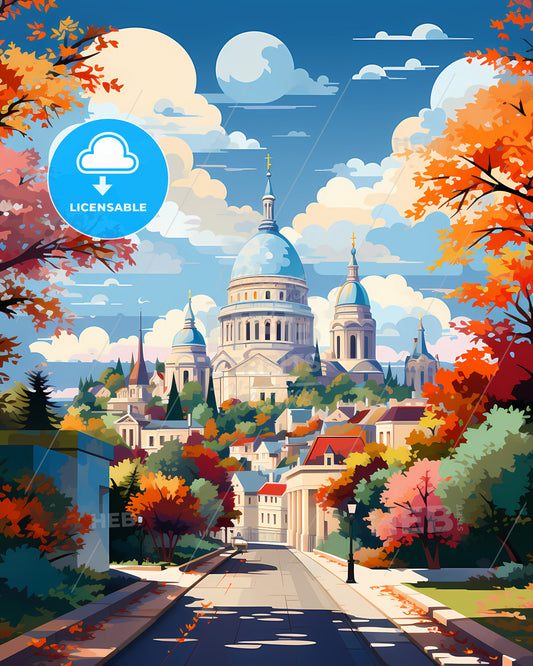 Paris, France - A Street With Trees And A Building In The Background