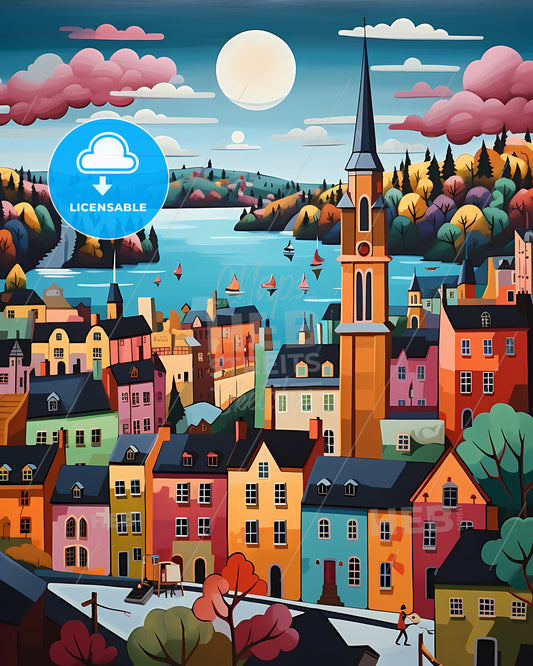 Stockholm, Sweden, - A Painting Of A Town With A River And Trees