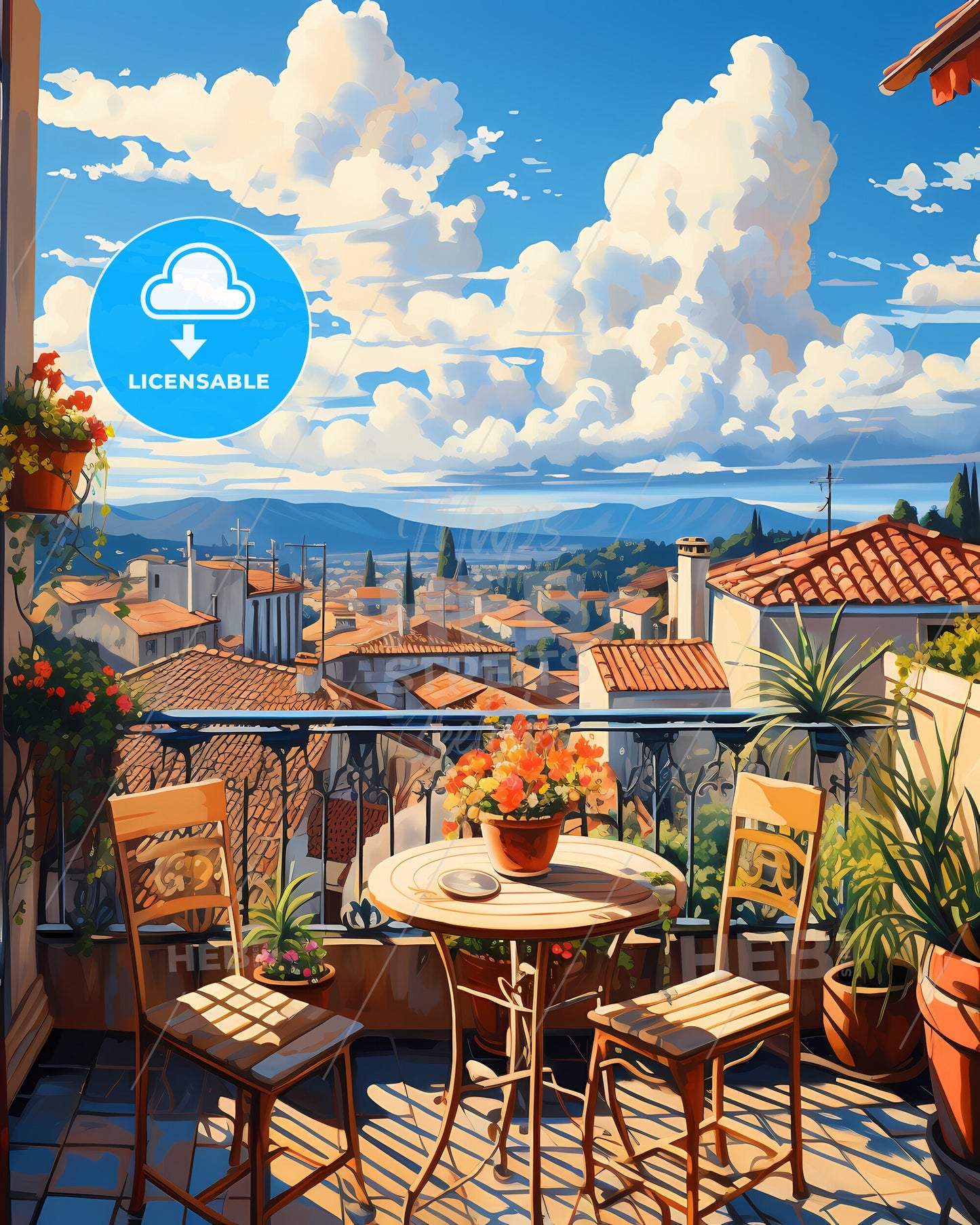 On The Roof Of Reunion, France - A Balcony With A Table And Chairs And A View Of The City