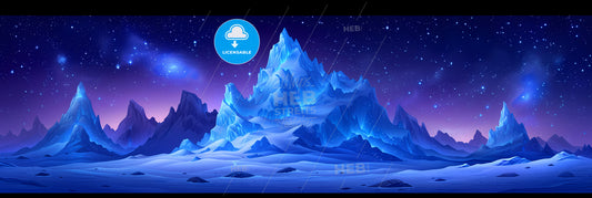 Abstract Panoramic Neon Background - A Mountain With Snow And Stars