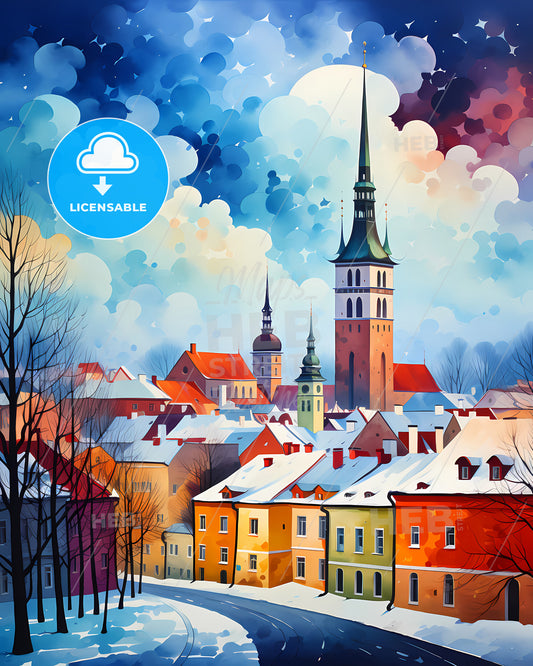 Tallinn, Estonia - A Painting Of A Town With Snow And Clouds