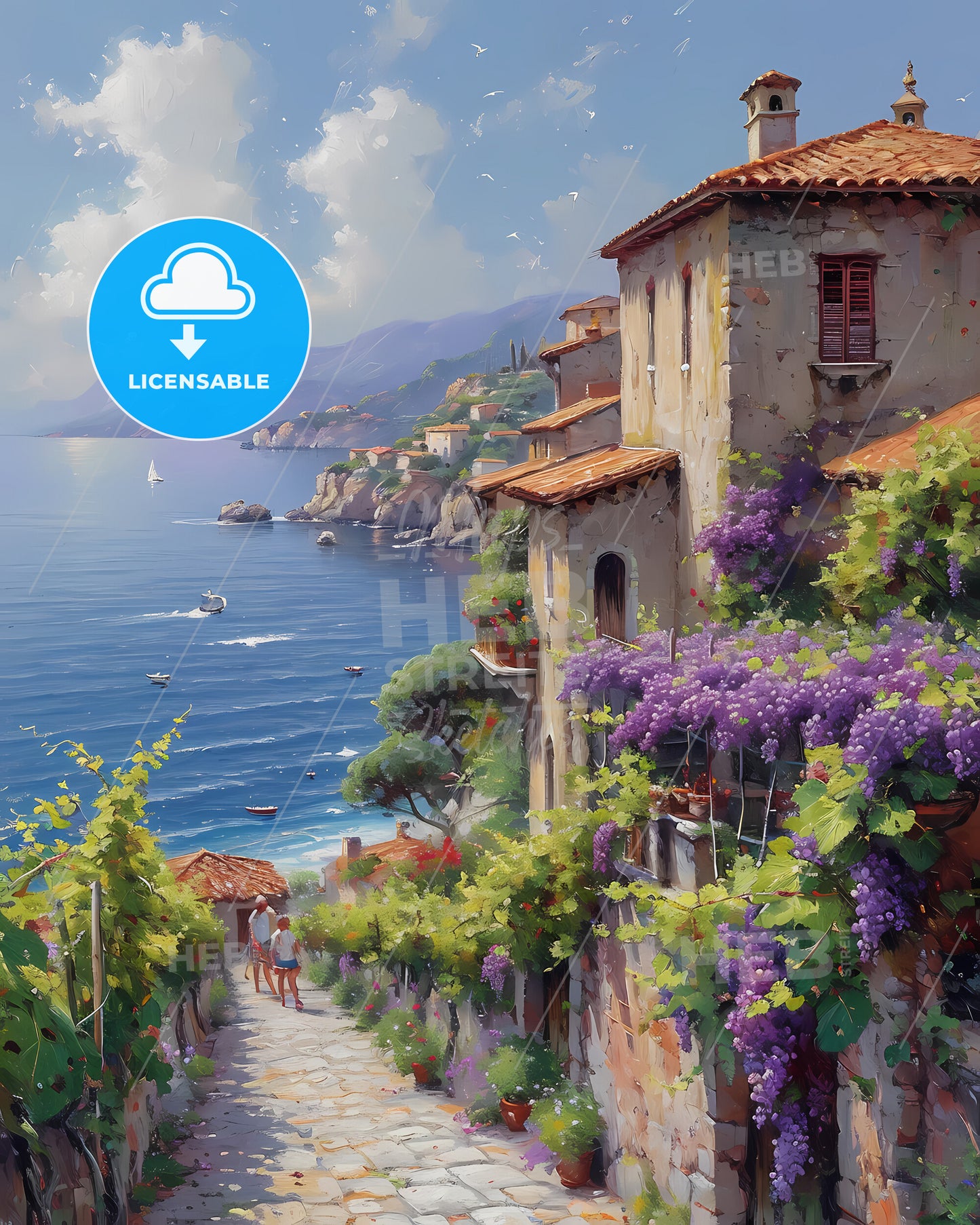 A Picture Of A Sicilian Vineyard - A Painting Of A Town By The Sea