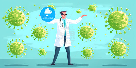Cute Cartoon Character Doctor Wears Glasses And Shows Green Viruses And Bacterias - A Man In A White Coat Surrounded By Green Virus