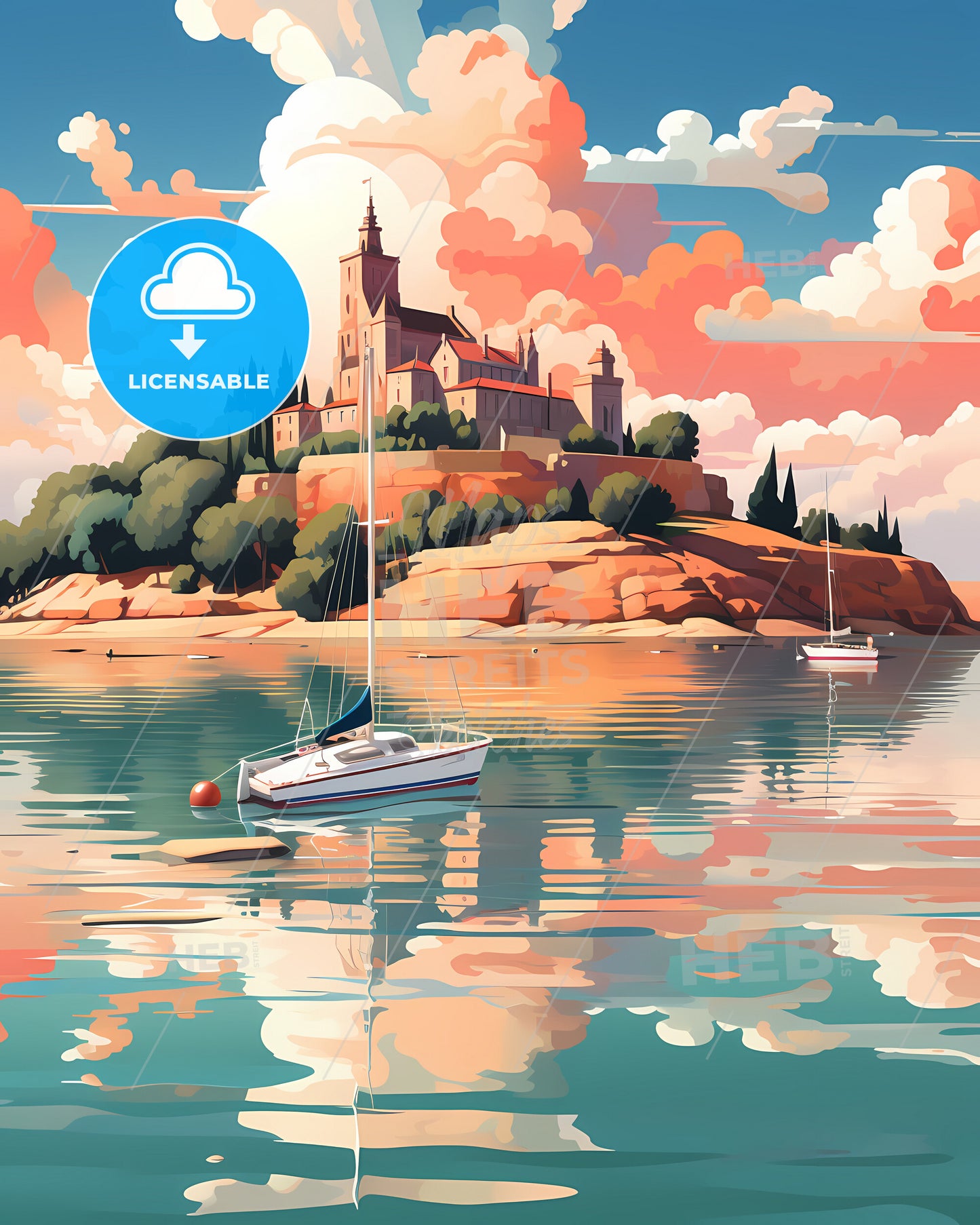 Ré Island, France - A Painting Of A Castle On A Hill With Boats In The Water