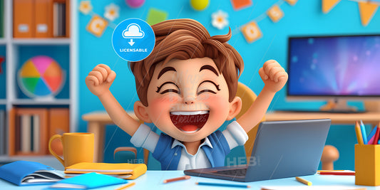 Cartoon Character Businessman Hands Sticking Out The Laptop Screen - A Cartoon Character Of A Boy With His Arms Up In Front Of A Laptop