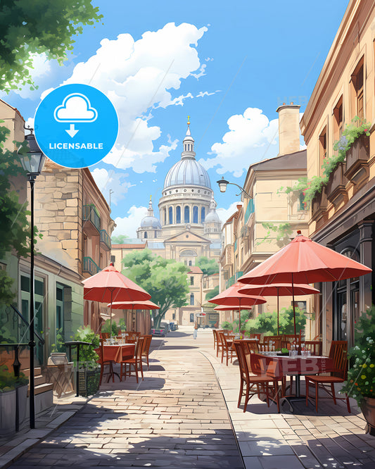 Budapest, Hungary - A Street With Tables And Umbrellas In Front Of A Building