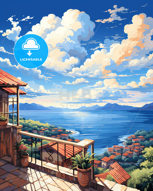 On The Roof Of Perhentian Islands, Malaysia - A Painting Of A House Overlooking A Body Of Water