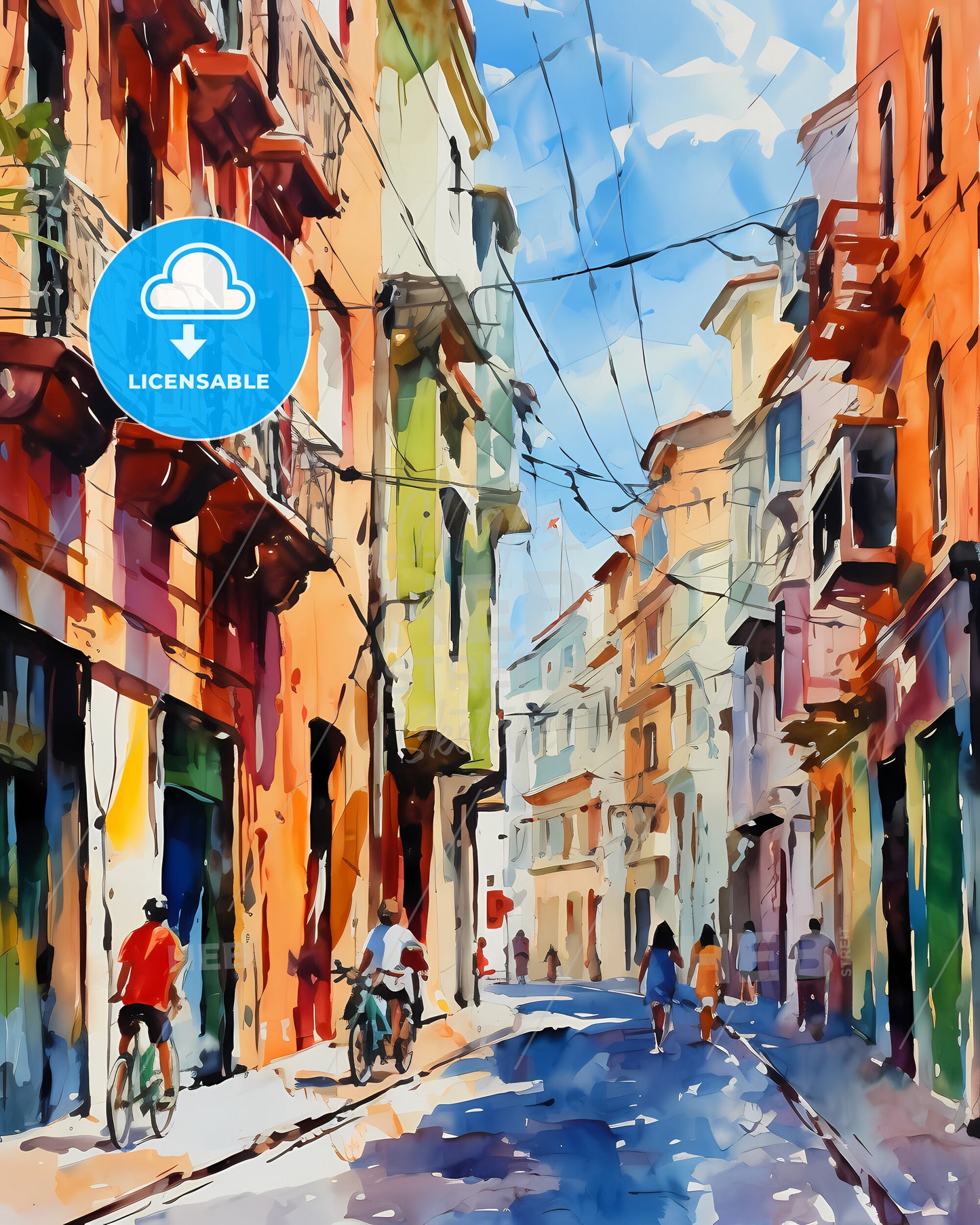 Patras, Greece - A Watercolor Painting Of A Street With Buildings And People