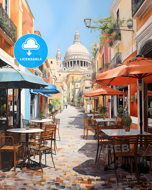 Málaga, Spain - A Street With Tables And Chairs And Umbrellas