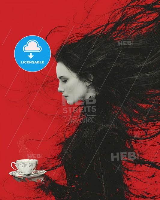 Woman With Very Long Hair, Drinks Tea, Full Body - A Woman With Long Hair Holding A Tea Cup