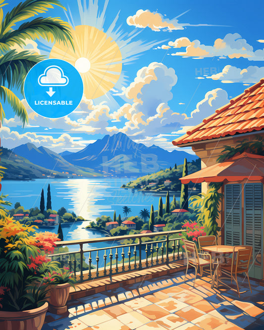 On The Roof Of French Polynesia, France - A Painting Of A House Overlooking A Body Of Water And Mountains