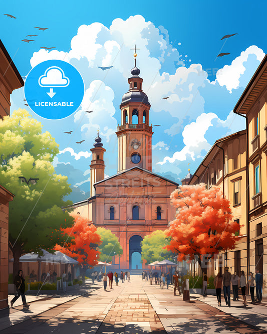 Turin, Italy - A Street With A Building And People Walking Around