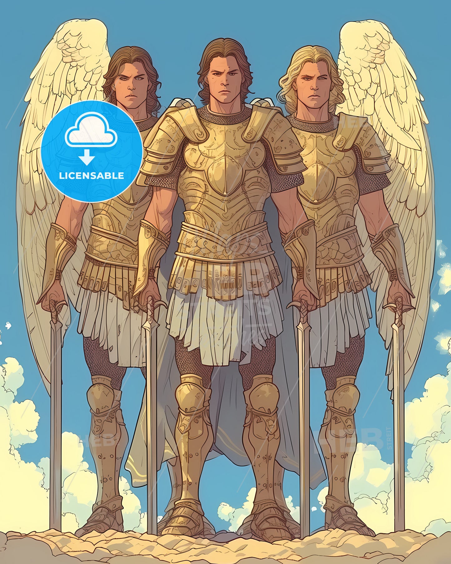 Group Of The Three Archangels St - A Group Of Men Wearing Armor And Holding Swords