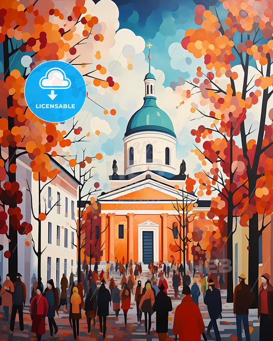 Helsinki, Finland - A Group Of People Walking In Front Of A Building