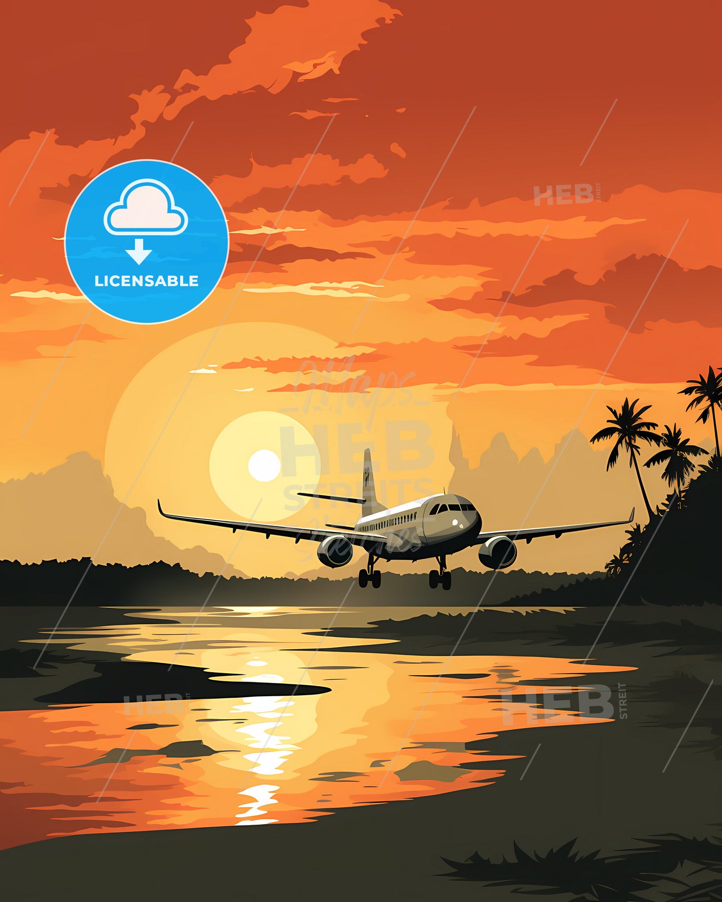 Travel Abroad Illustration - An Airplane Taking Off At Sunset