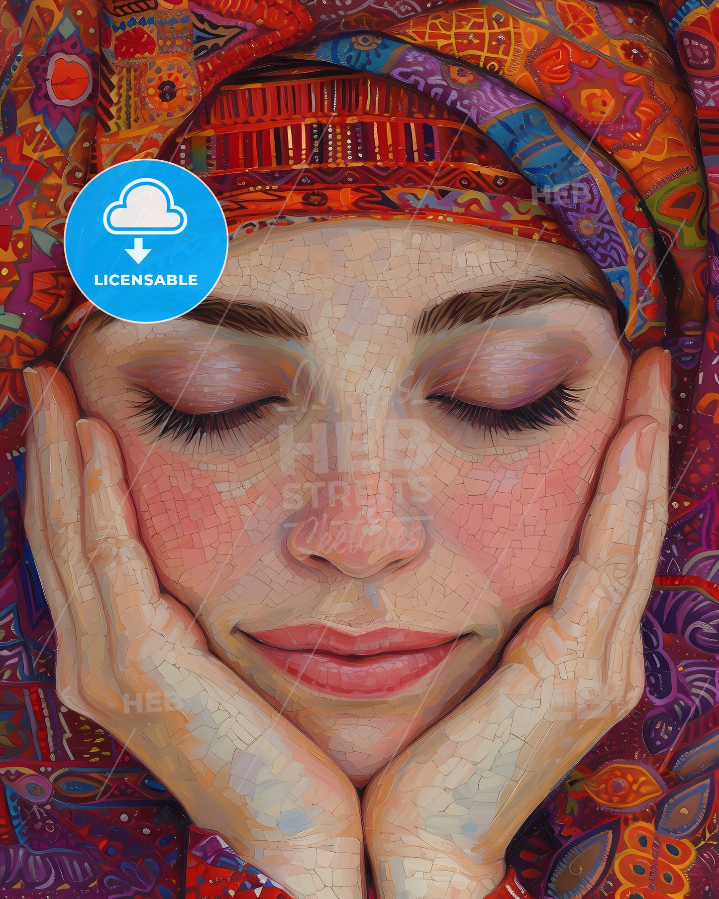 Maria Of Guadalupe Devotional Images Christian Prayers, In The Style Of Spiritual Landscape - A Mosaic Of A Woman With Her Hands On Her Face