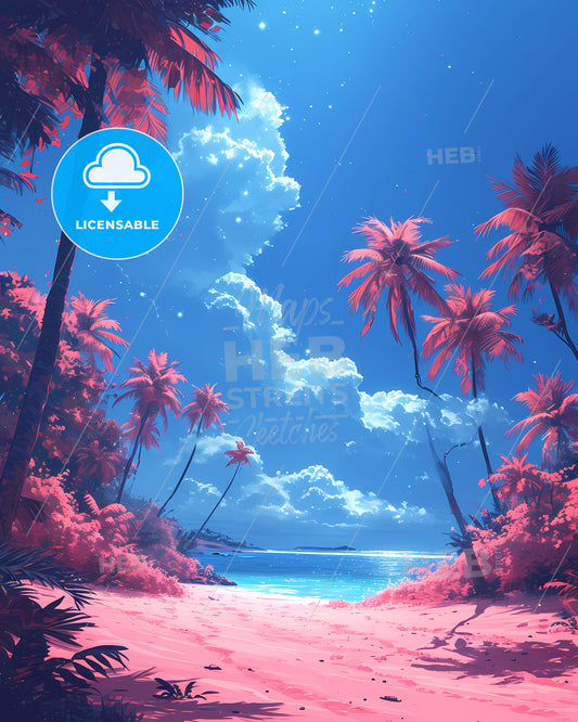 Pink Sands Beach - A Beach With Palm Trees And A Blue Sky