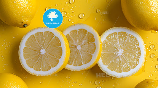 Food Background With Lemons In Water Drops - A Lemon Cut In Half On A Yellow Surface