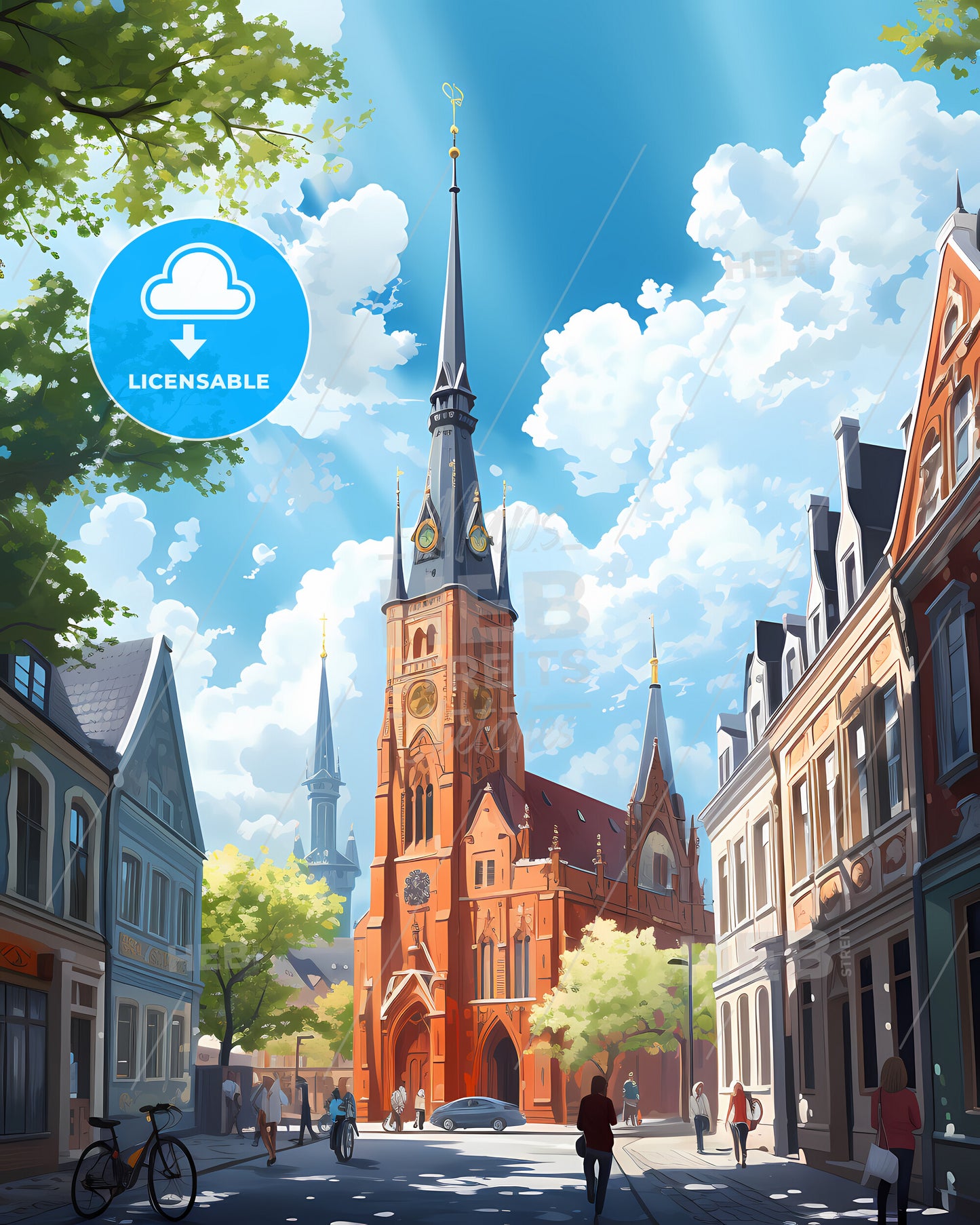 Copenhagen, Denmark - A Church With A Steeple And People Walking In The Street