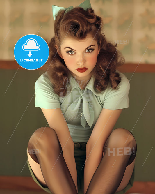 Pin Up Style, Beautiful Composition - A Woman With A Hairdo And A Bow On Her Head