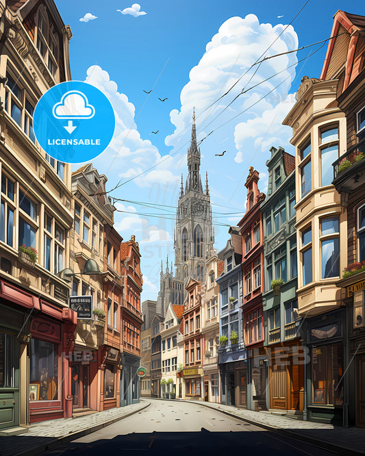 Antwerp, Belgium - A Street With Buildings And A Tall Tower