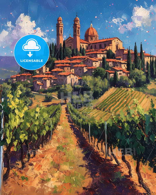 Montepulciano, Italy - A Painting Of A Town On A Hill With Trees And A Vineyard