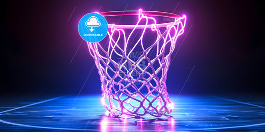 Pink Blue Glowing Neon Light, Basket On Basketball Field Scheme, Virtual Sport Playground, Sportive Game - A Basketball Hoop With Neon Lights